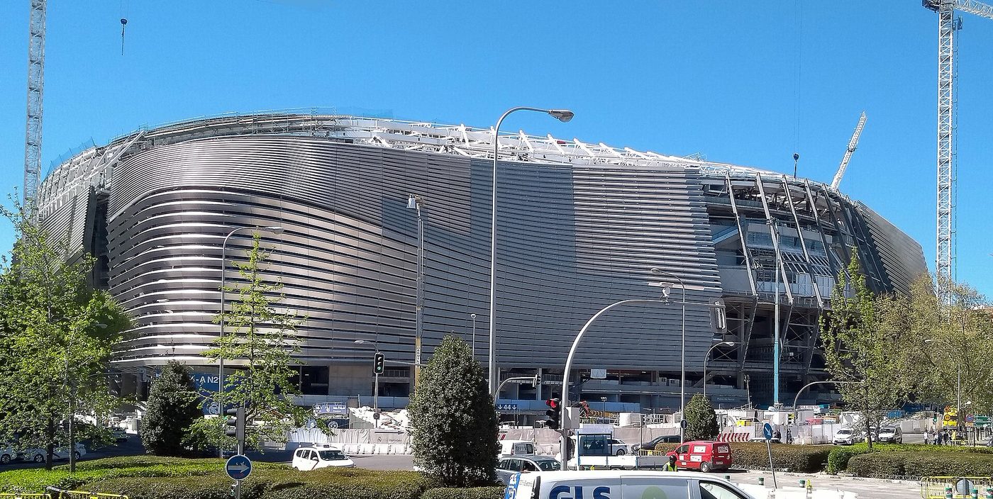 The Santiago Bernabeu stadium in Madrid during its rebuild, new slatted facade in place