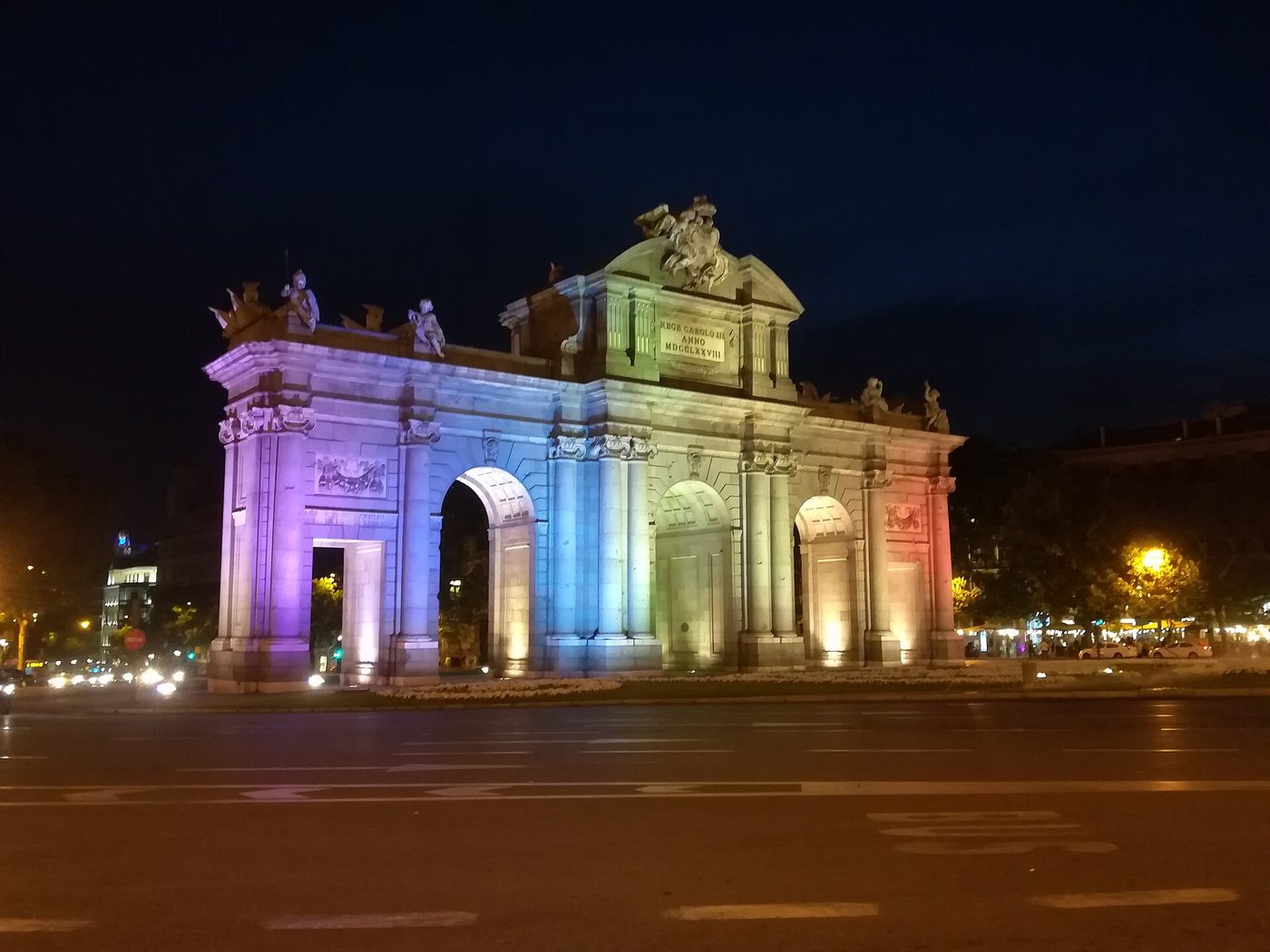 The Puerta de Alcala in Madrid lit in rainbow colours during WorldPride
