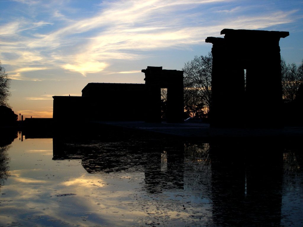 The Egyptian Temple of Debod reflected in its pool in Madrid