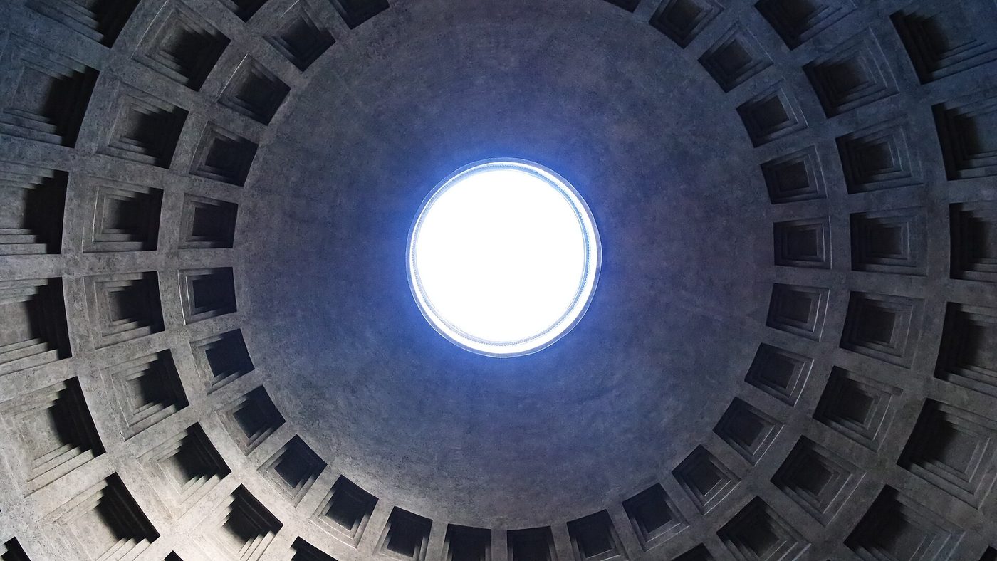 The coffered dome and open oculus inside the Pantheon in Rome