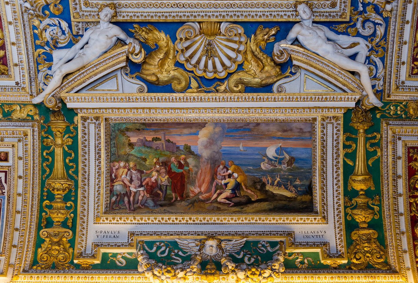 A gilded and frescoed ceiling bay in the Vatican Museums in Rome