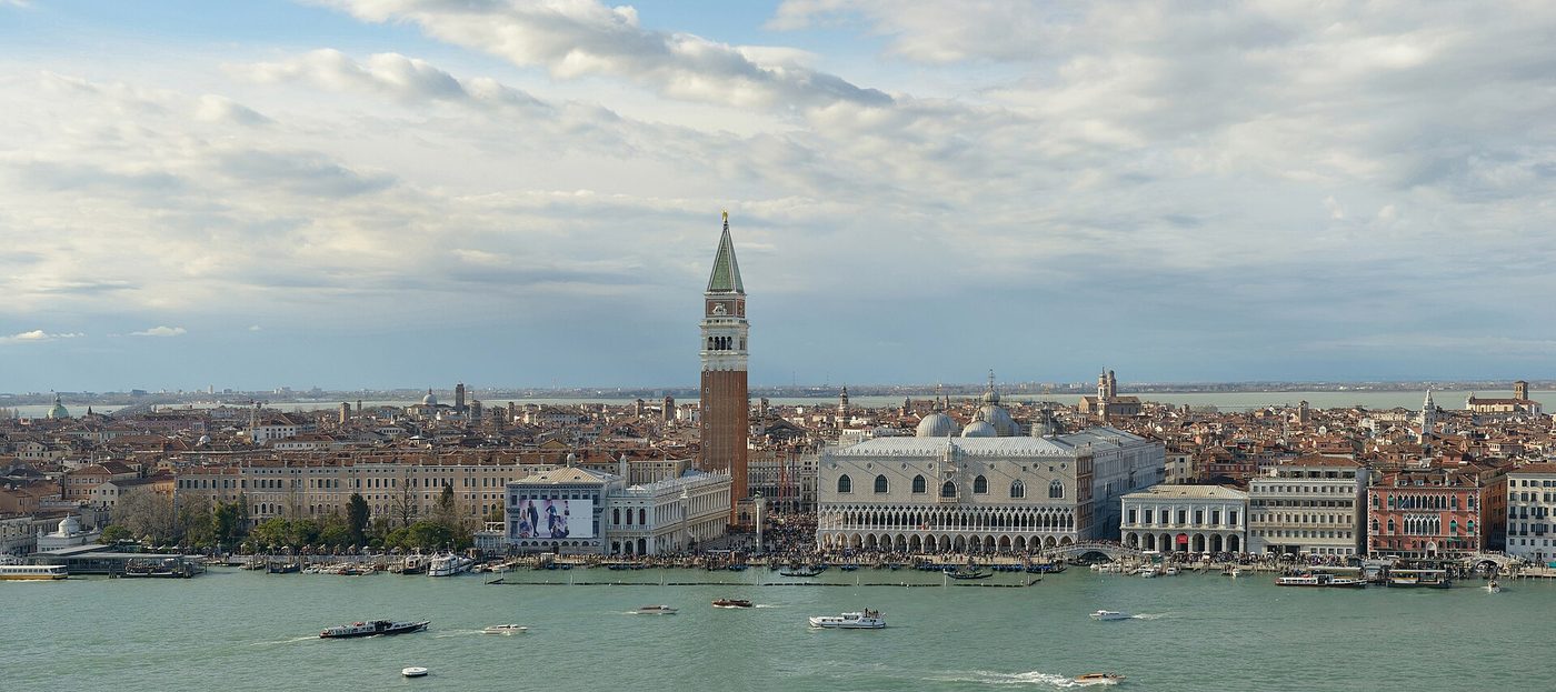 The campanile, Doge's Palace and Marciana Library on the San Marco waterfront in Venice, seen across the basin